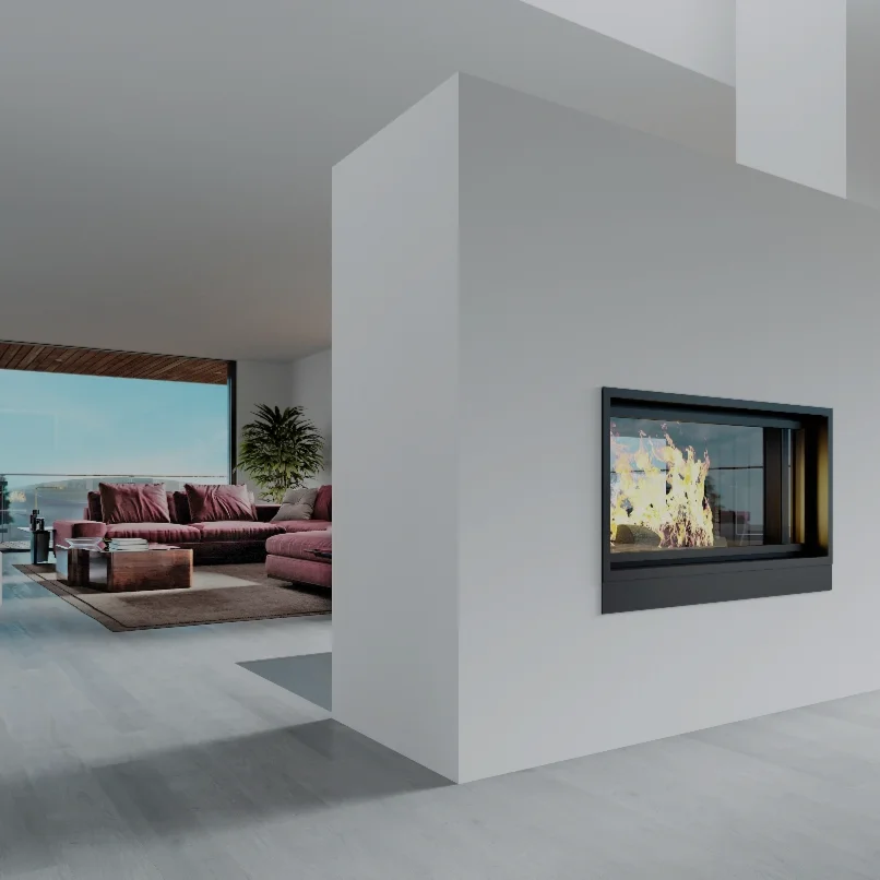 render de una habitación con chimenea central